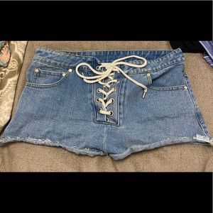 Lace up denim jean shorts